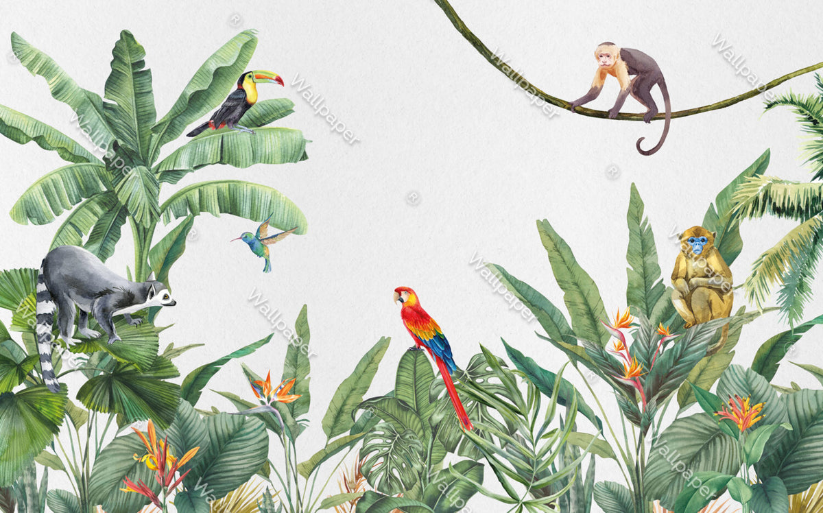 Scarlet Macaw Wallpaper : Tropical Leaves And Monkey Mural - View 2