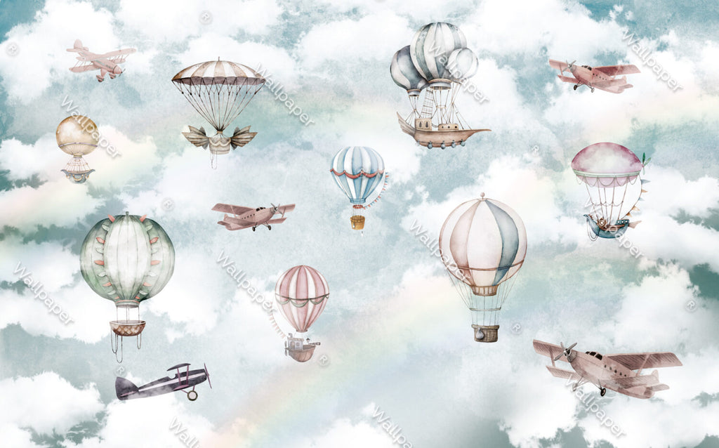Hot Air Balloon Wallpaper : Pastel Sky Kids Mural - View 2