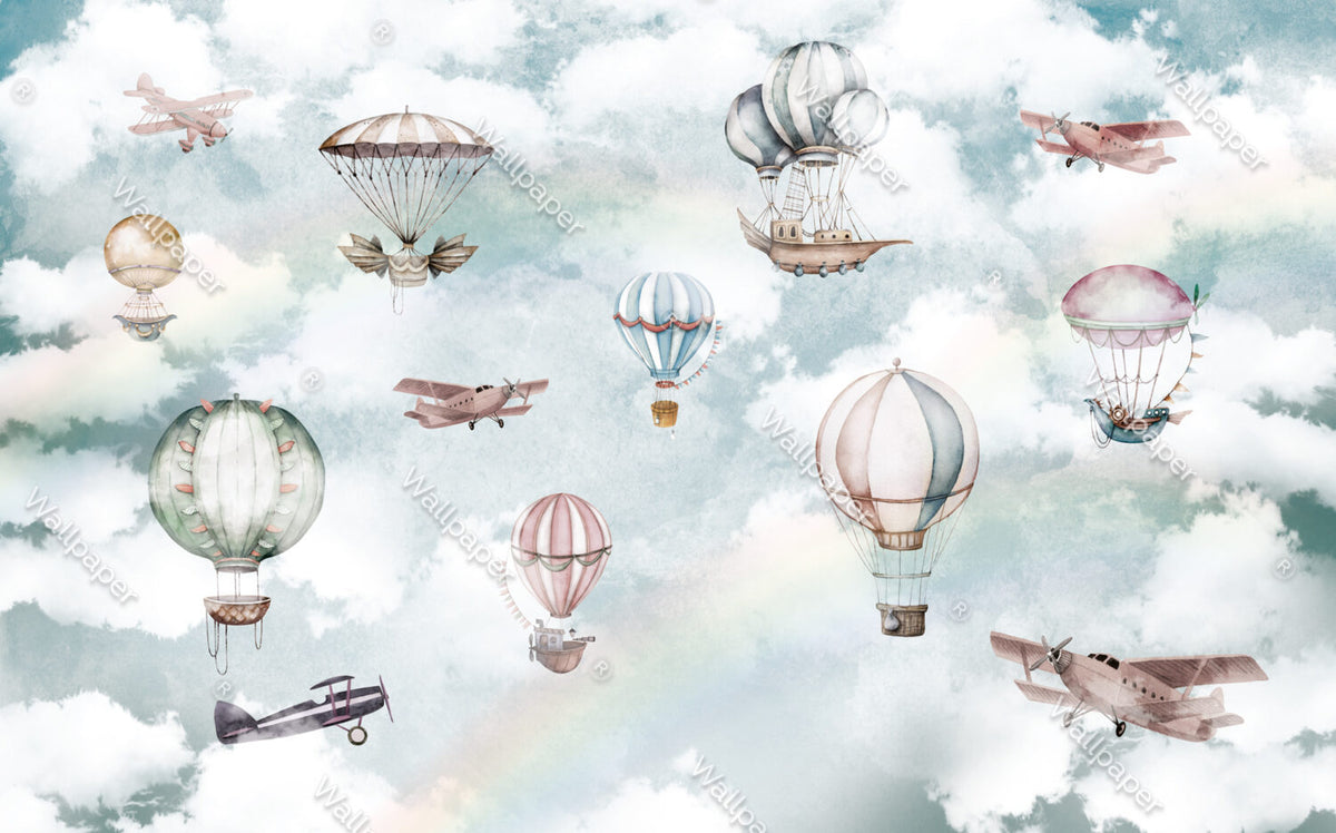 Hot Air Balloon Wallpaper : Pastel Sky Kids Mural - View 2