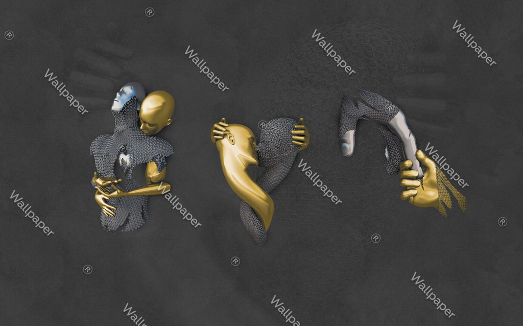 Gold and Silver Faces Wallpaper : 3D Sculpted Figures Mural - View 2