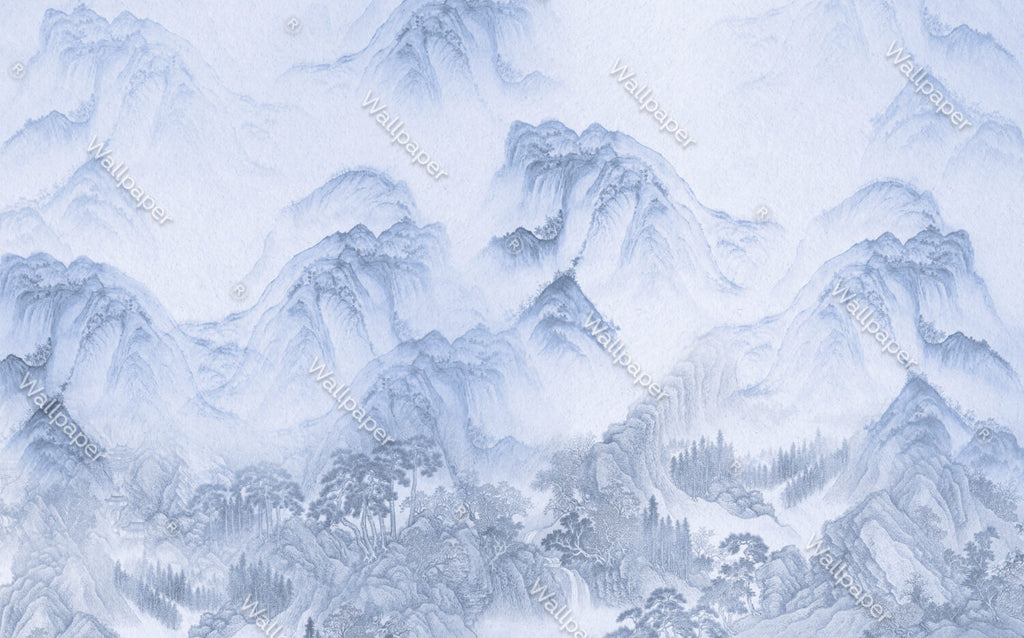 Blue Misty Mountains Wallpaper : Ink Wash Landscape Mural - View 2