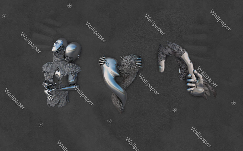 Silver Faces Wallpaper : 3D Sculpted Embrace Mural - View 2