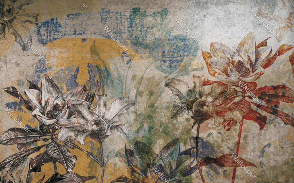 Distressed Botanical Wallpaper : Rustic Faded Leaf Fresco Mural - View 2