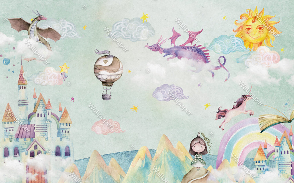 Fairy Tale Dragon Wallpaper : Pastel Rainbow Castle Kids Mural - View 2