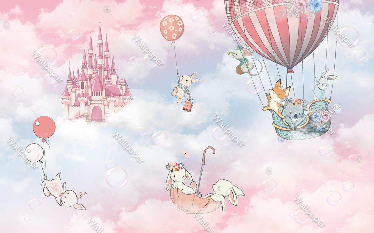 Pink Castle Sky Wallpaper : Animals in Hot Air Balloons Mural - View 2