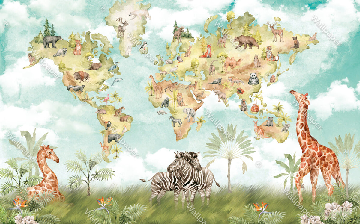 Safari World Map Wallpaper : Watercolor Animals Kids Mural - View 2