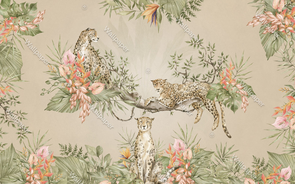 Cream Leopard Jungle Wallpaper : Tropical Branch Mural - View 2
