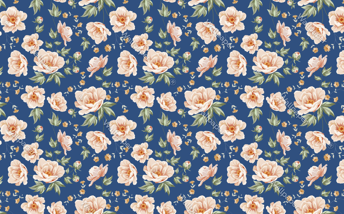Navy Peony Wallpaper : Peach Blossoms On Blue Pattern - View 2