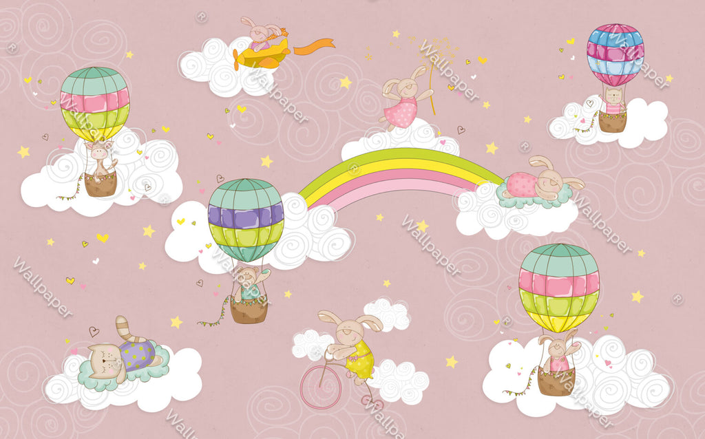 Pink Rainbow Balloon Wallpaper : Clouds And Stars Kids Mural - View 2