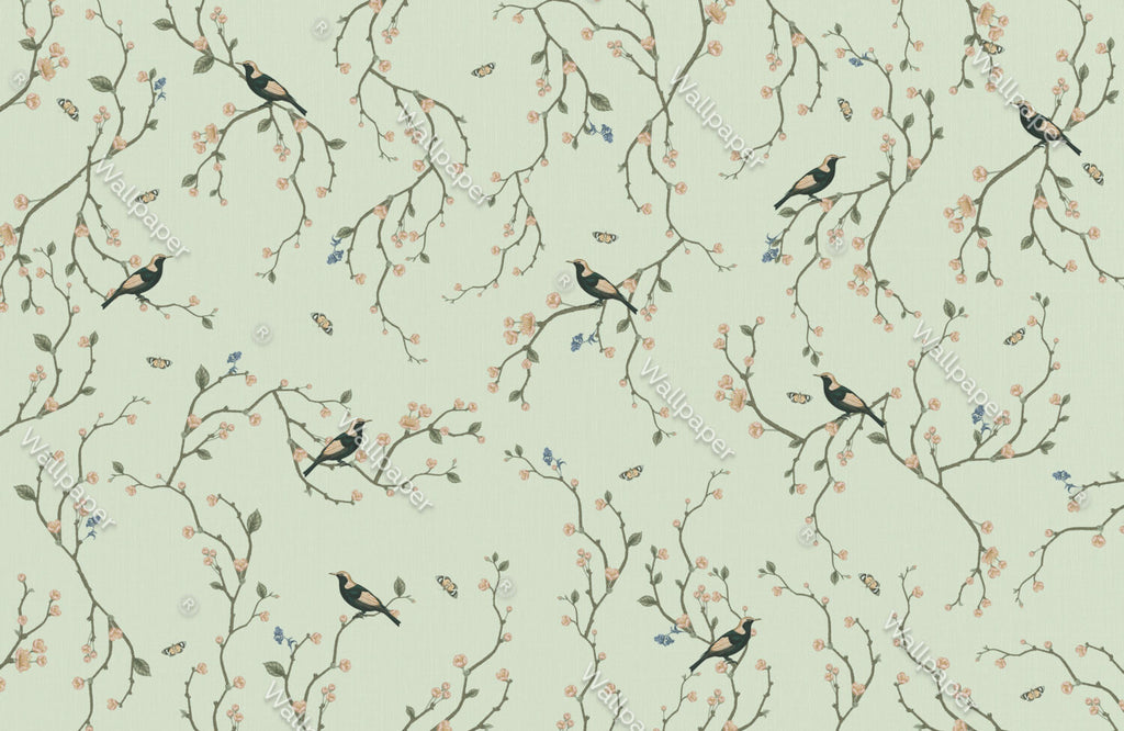 Green Cherry Blossom Bird Wallpaper : Chinoiserie Branch Pattern - View 2
