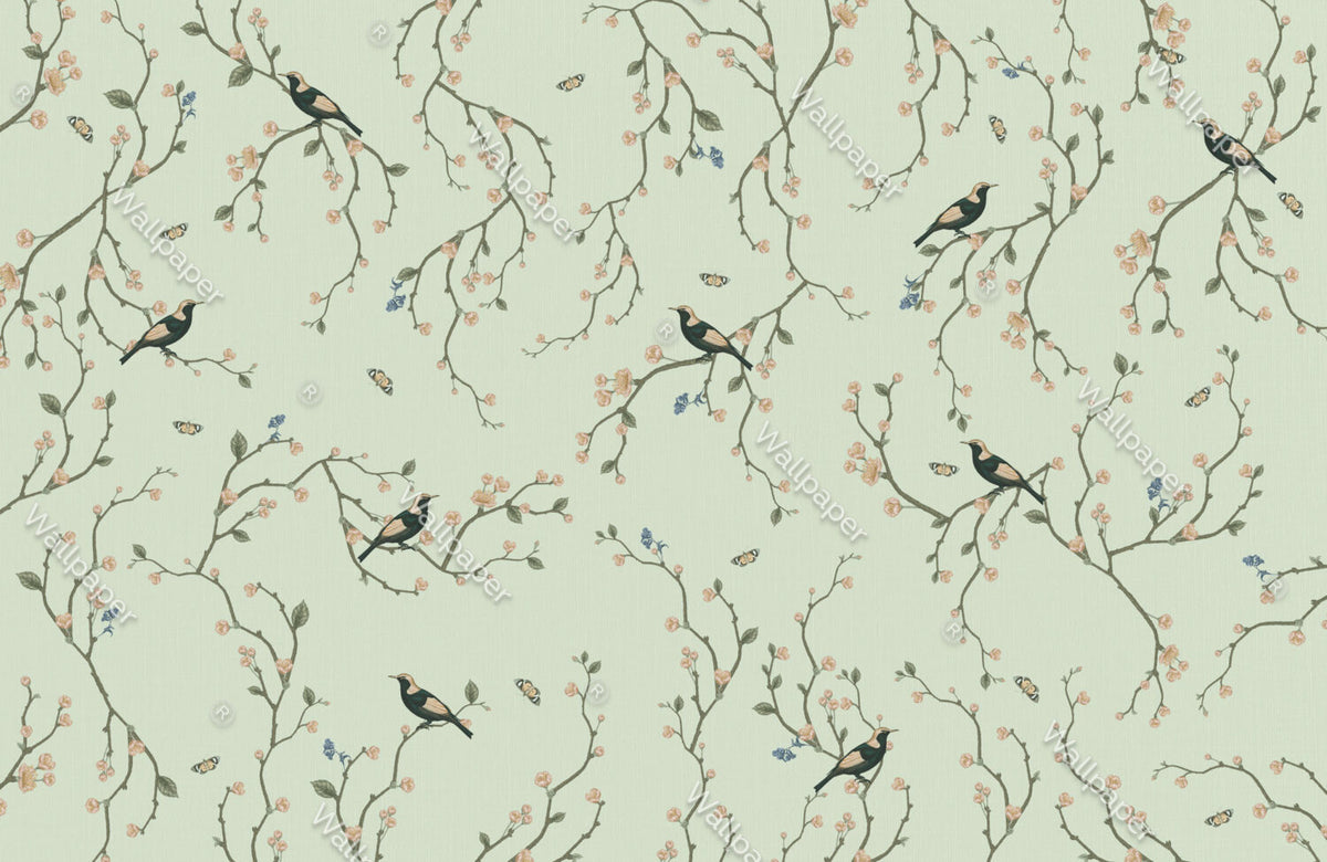 Green Cherry Blossom Bird Wallpaper : Chinoiserie Branch Pattern - View 2