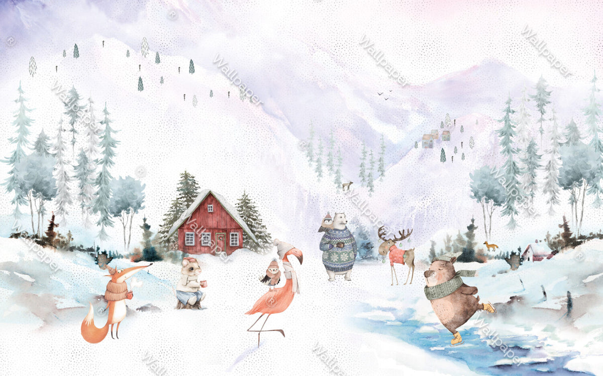 Winter Animals Wallpaper : Snowy Forest Kids Mural - View 2