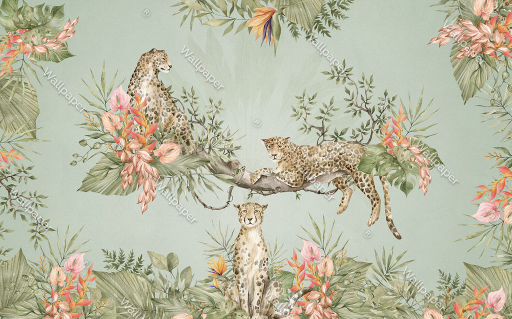 Sage Leopard Jungle Wallpaper : Tropical Branch Mural - View 2