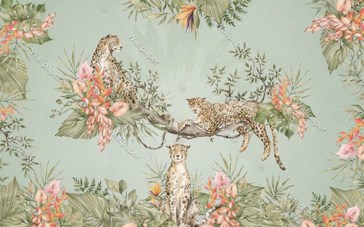 Sage Leopard Jungle Wallpaper : Tropical Branch Mural - View 2