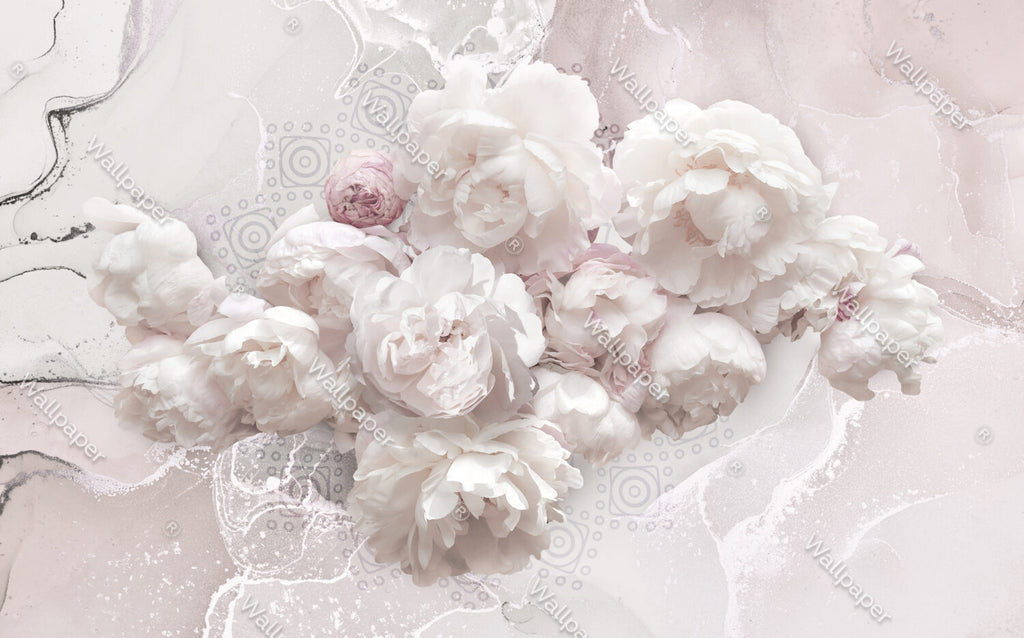 White Peony Wallpaper : 3D Marble Effect Blush Flowers Mural - View 2