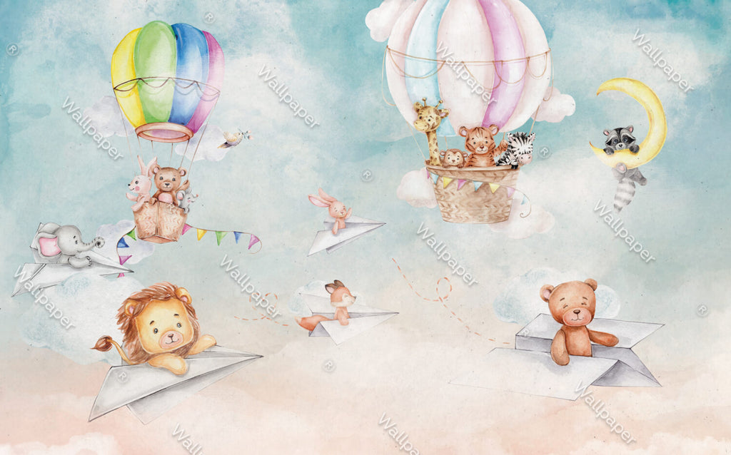 Paper Plane Animals Wallpaper : Watercolor Hot Air Balloon Nursery Mural - View 2