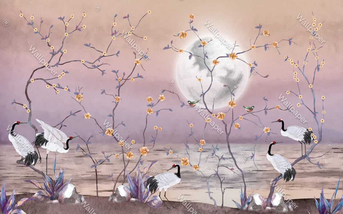 Moonlight Crane Wallpaper : Lilac Chinoiserie Blossom Mural - View 2