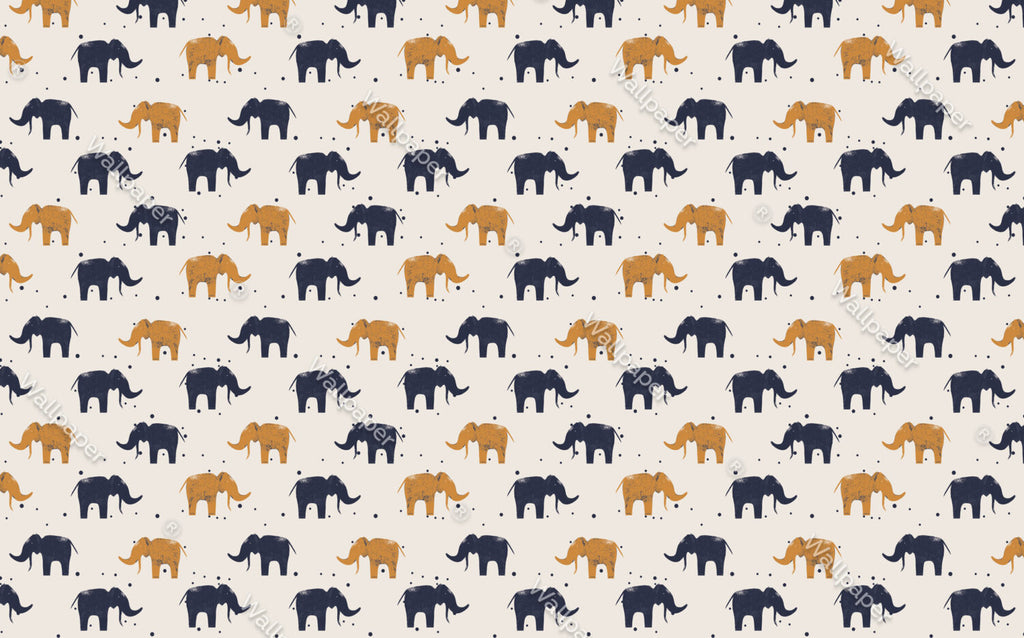 Elephant Pattern Wallpaper : Navy And Mustard Elephants On Beige - View 2