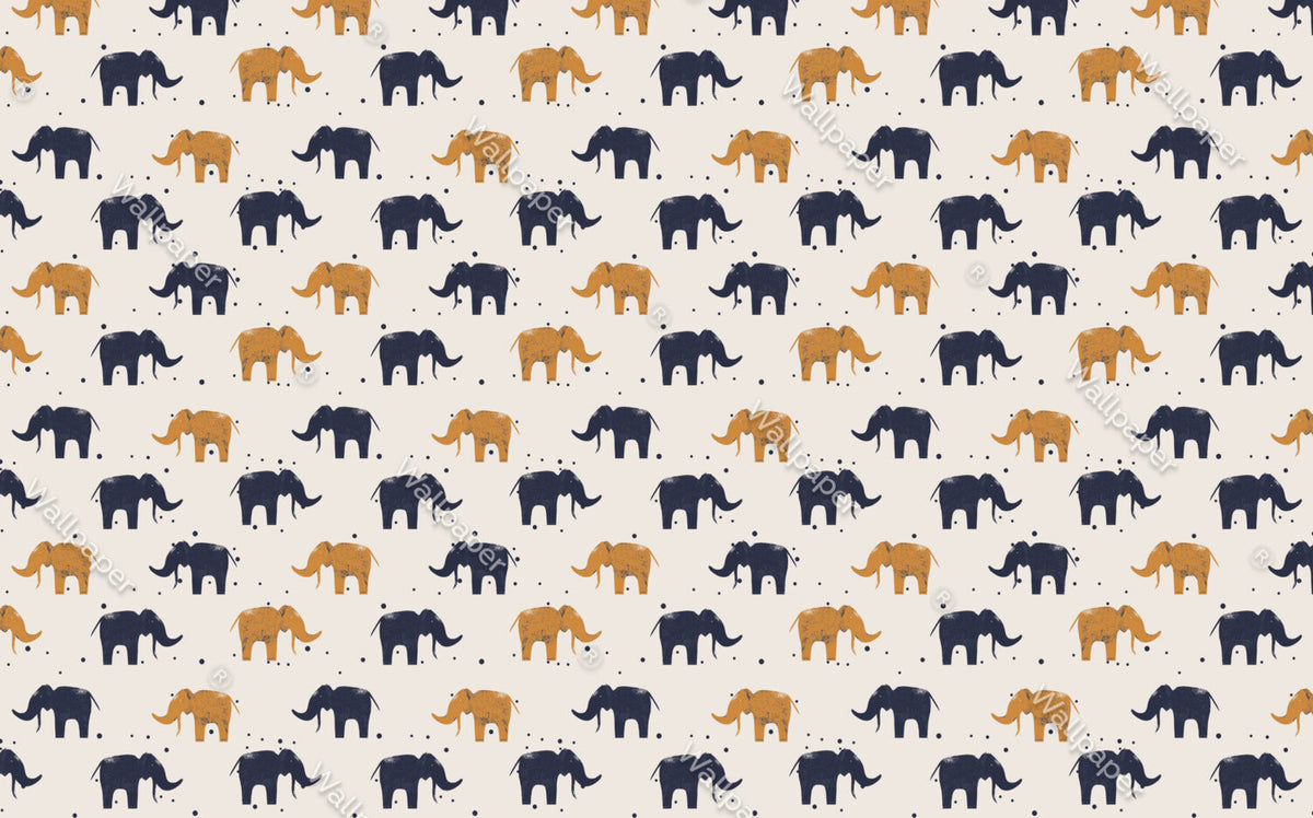 Elephant Pattern Wallpaper : Navy And Mustard Elephants On Beige - View 2