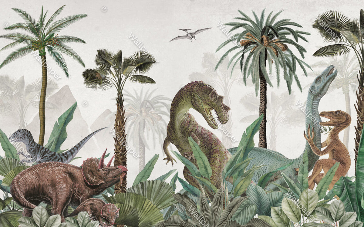Realistic Dinosaur Wallpaper : Tropical Jungle T-Rex Mural - View 2