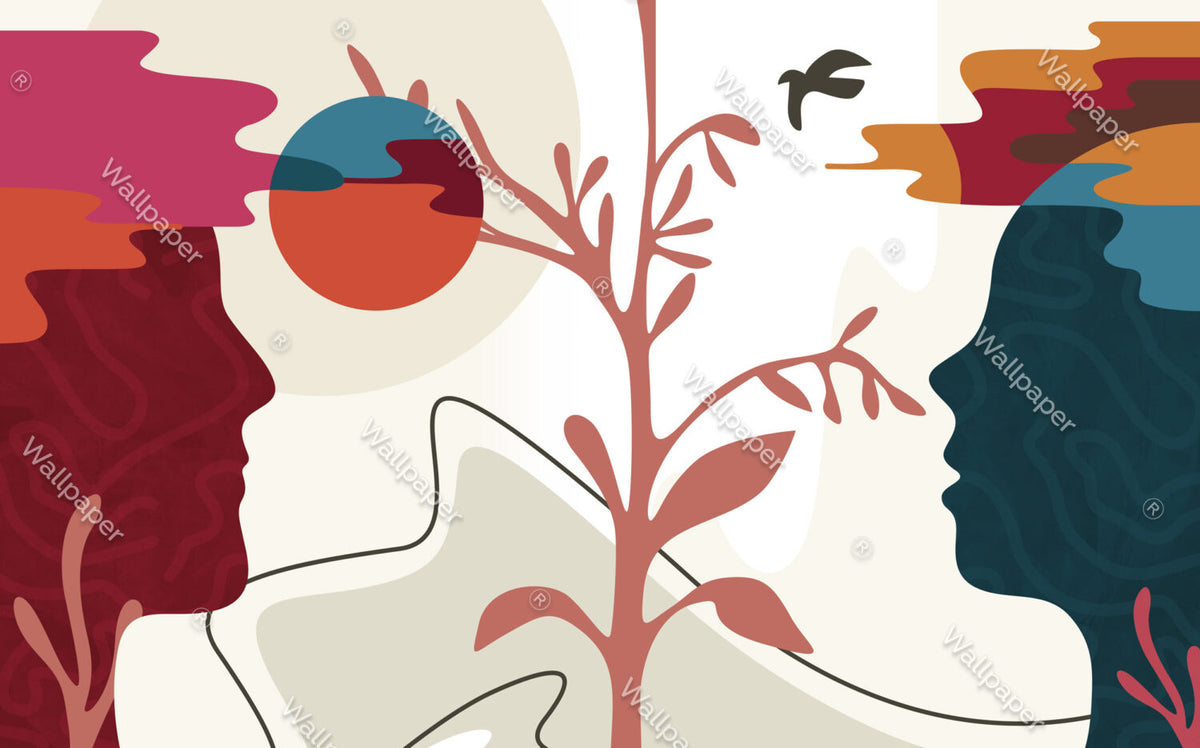 Colorful Faces Wallpaper : Pop Art Profiles and Tree Mural - View 2