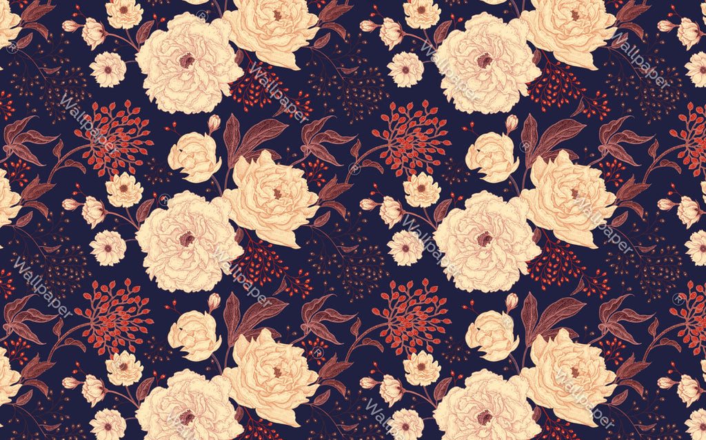 Navy Floral Wallpaper : Cream Peonies And Berries Pattern - View 2