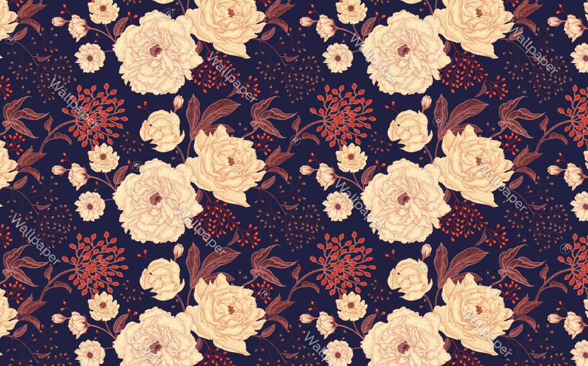 Navy Floral Wallpaper : Cream Peonies And Berries Pattern - View 2