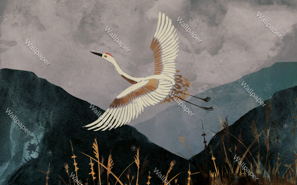 Flying Crane Wallpaper : Dark Mountain Landscape Mural - View 2