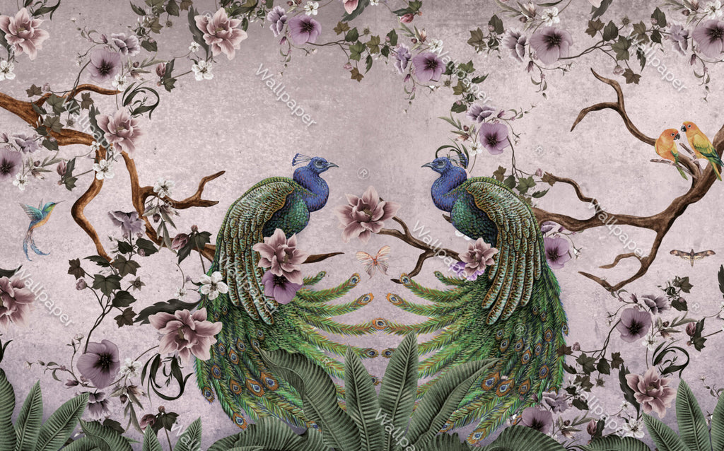Pink Peacock Wallpaper : Magnolia Branch Chinoiserie Mural - View 2