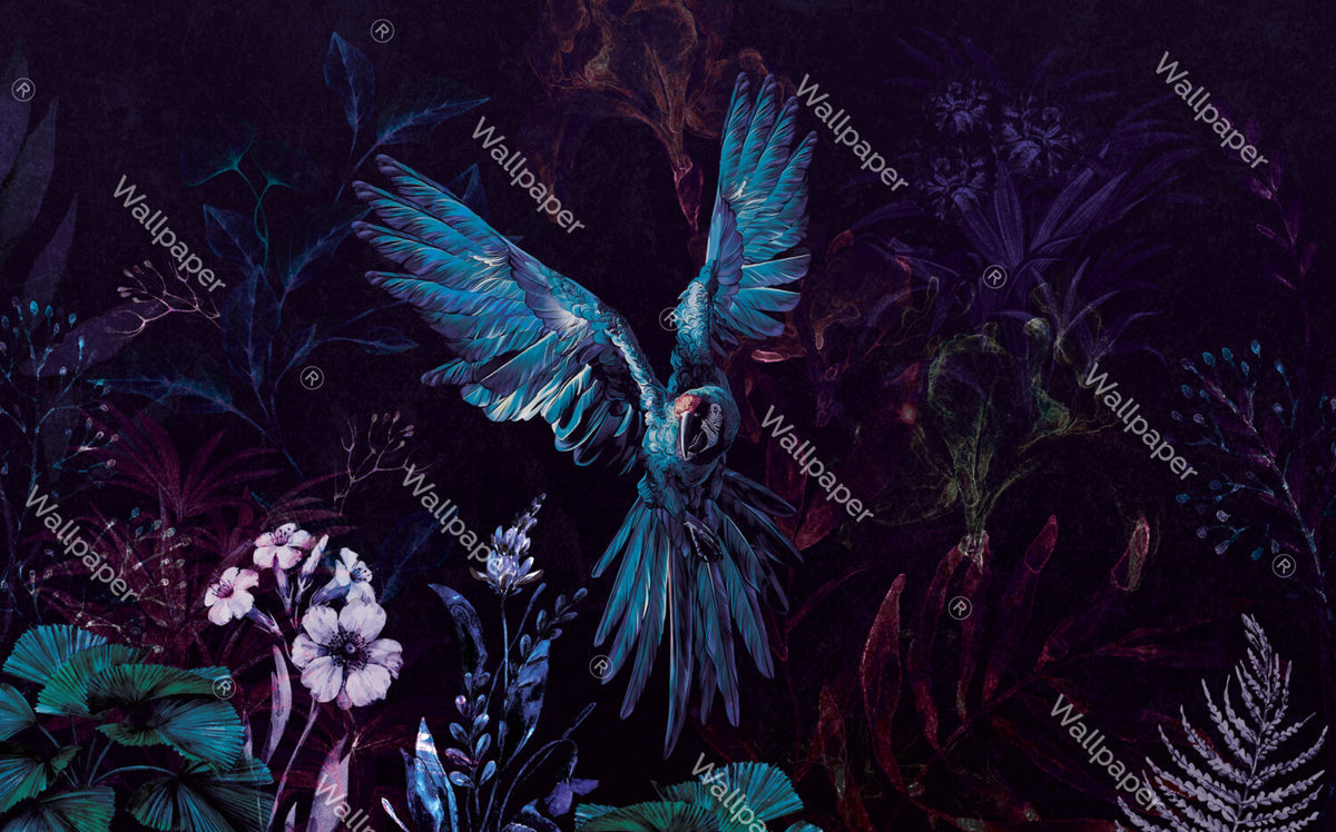 Dark Macaw Wallpaper : Blue Parrots And Night Flowers Mural - View 2