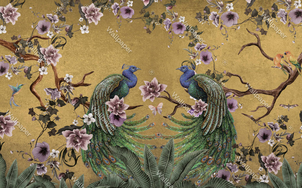 Mustard Peacock Wallpaper : Magnolia Branch Chinoiserie Mural - View 2