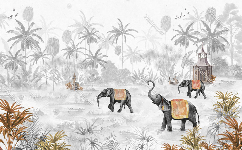 Grey Jungle Elephant Wallpaper : Misty Tropical Forest Mural - View 2