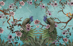 Turquoise Peacock Wallpaper : Magnolia Branch Chinoiserie Mural - View 2