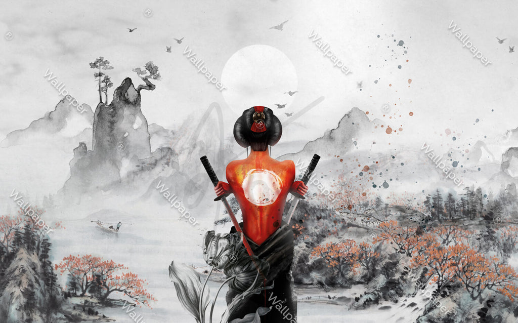 Samurai Woman Wallpaper : Red Ink Katana Art Mural - View 2