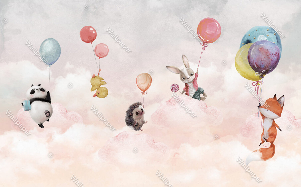 Pink Balloon Animals Wallpaper : Floating Hedgehog Nursery Mural - View 2