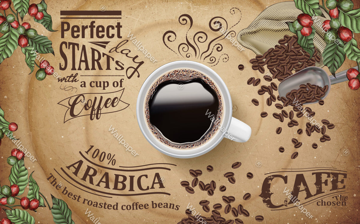 Coffee Cup Wallpaper : Vintage Cafe Typography Mural - View 2