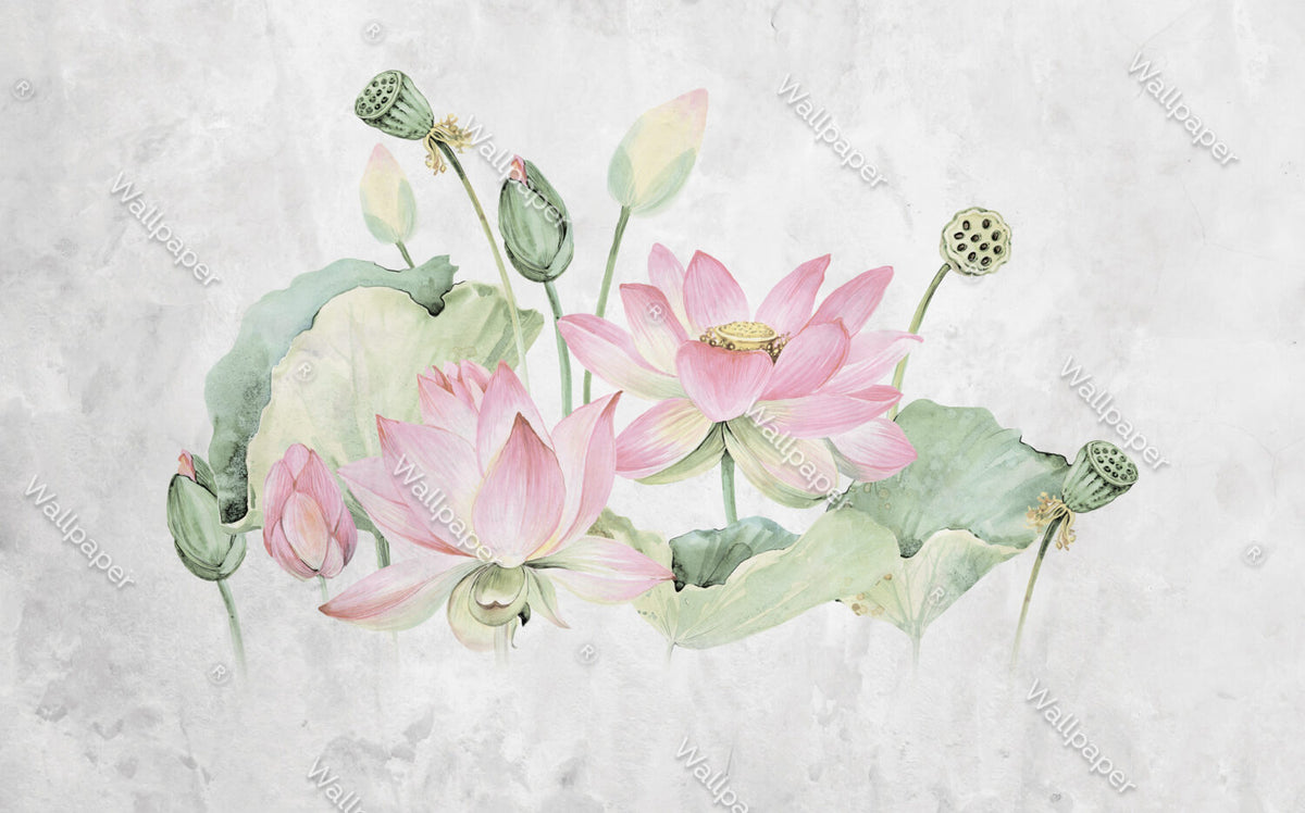 Pink Lotus Wallpaper : Watercolor Lotus Pond Mural - View 2