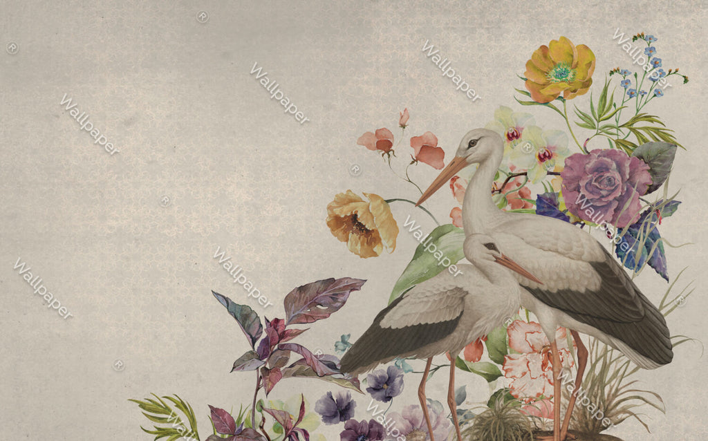 Beige Floral Wallpaper : Painted Poppies And Leaves Mural - View 2