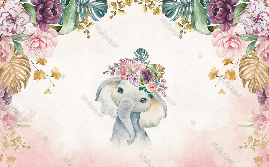 Baby Elephant Wallpaper : Floral Crown Watercolor Nursery Mural - View 2