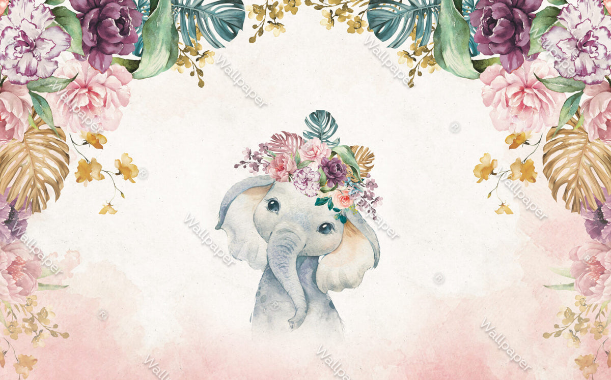 Baby Elephant Wallpaper : Floral Crown Watercolor Nursery Mural - View 2