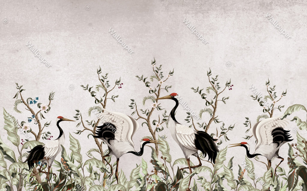 Red-Crowned Crane Wallpaper : Blossom Tree Chinoiserie Mural - View 2