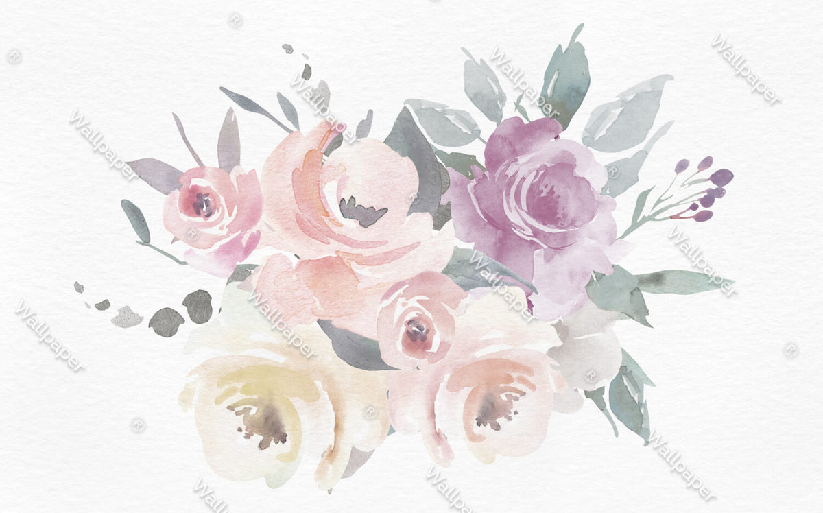 Watercolor Rose Wallpaper : Pastel Pink And Lilac Bouquet Mural - View 2