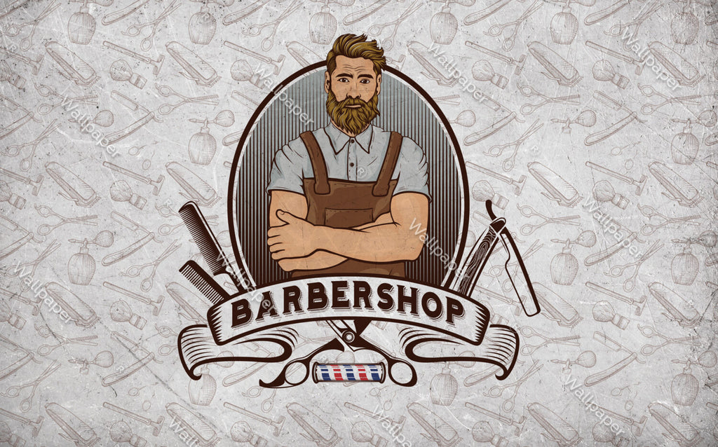 Barbershop Wallpaper : Retro Bearded Barber Emblem Mural - View 2