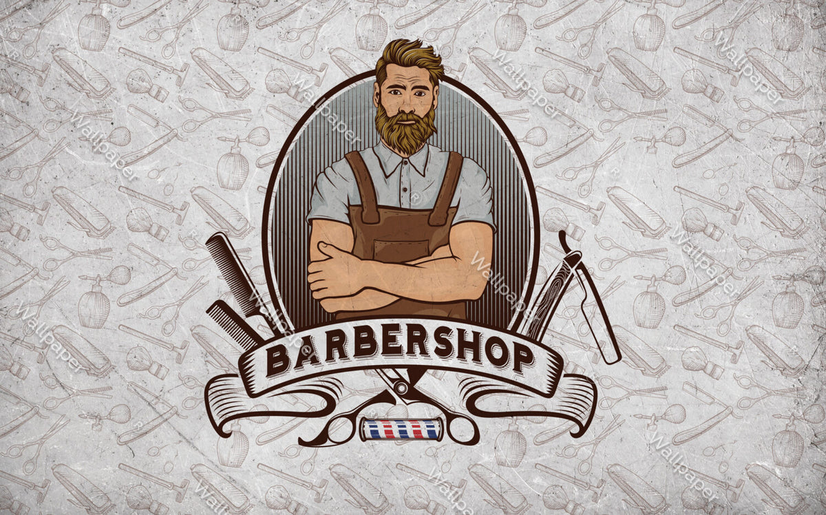 Barbershop Wallpaper : Retro Bearded Barber Emblem Mural - View 2