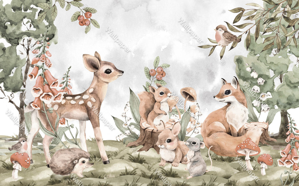 Woodland Babies Wallpaper : Watercolor Deer And Squirrel Mural - View 2
