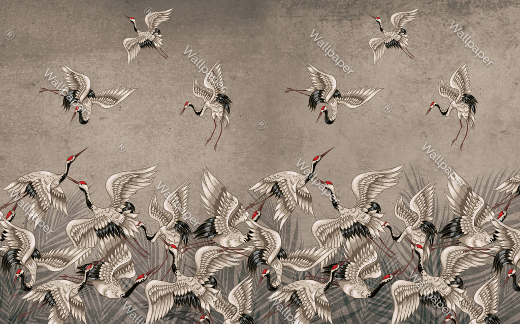 Cream Crane Wallpaper : Distressed Wall Flying Birds Mural - View 2