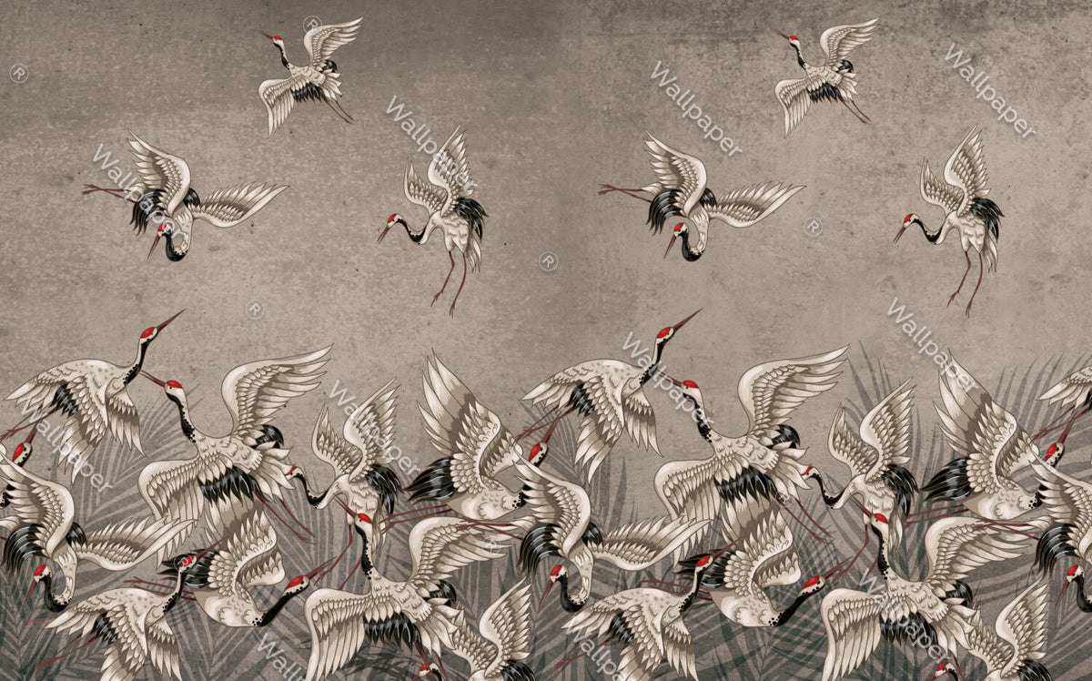 Cream Crane Wallpaper : Distressed Wall Flying Birds Mural - View 2