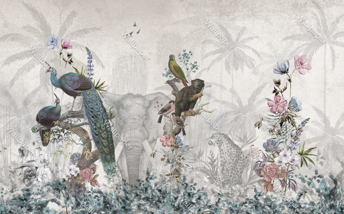 Elephant And Birds Wallpaper : Grey Botanical Animal Mural - View 2