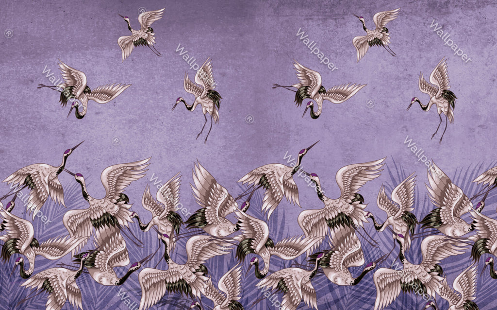 Purple Crane Wallpaper : Distressed Lilac Flying Birds Mural - View 2