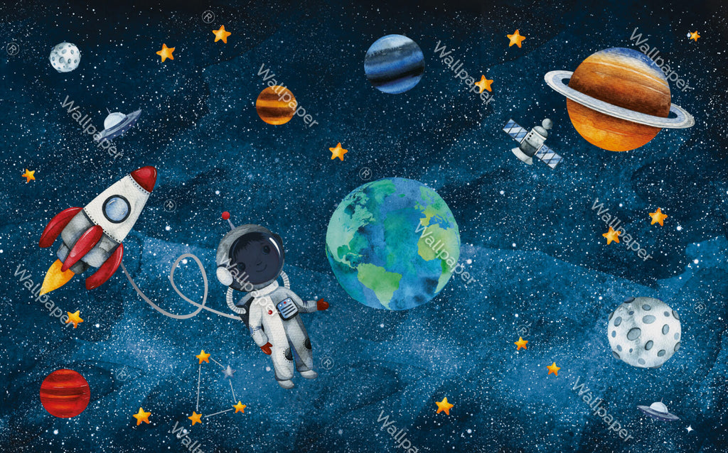 Little Astronaut Wallpaper : Watercolor Earth and Stars Mural - View 2